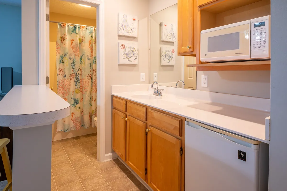 A warm, inviting kitchenette space is shown, featuring a compact prep area with countertop appliances and decorative wall art. The bar counter and adjacent bathroom curtain are visible, underscoring the suite's practical, efficient layout for preparing quick meals or enjoying morning coffee.